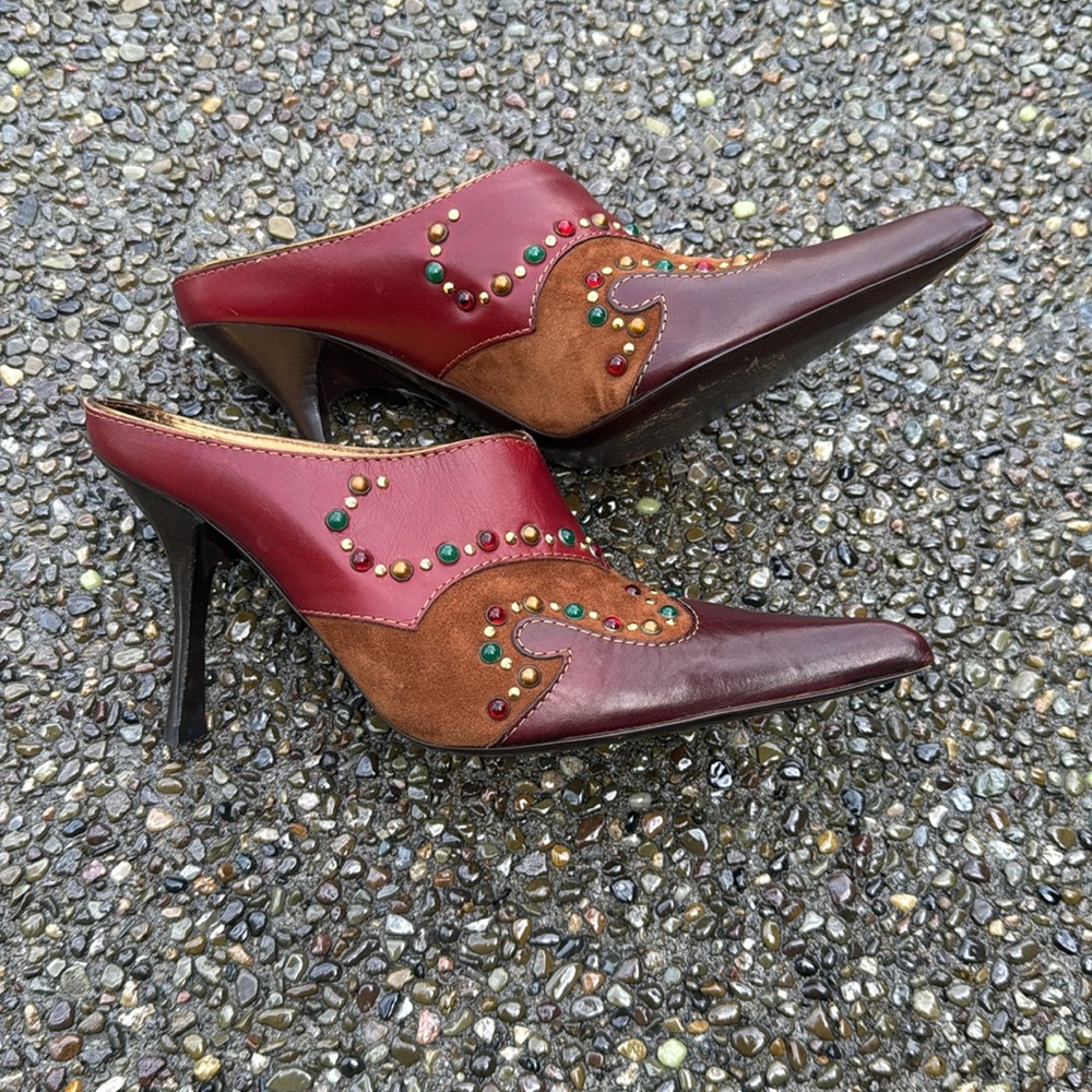 Vicini Guiseppe Zanotti Red and Brown Studded Mules with Pointed Toes